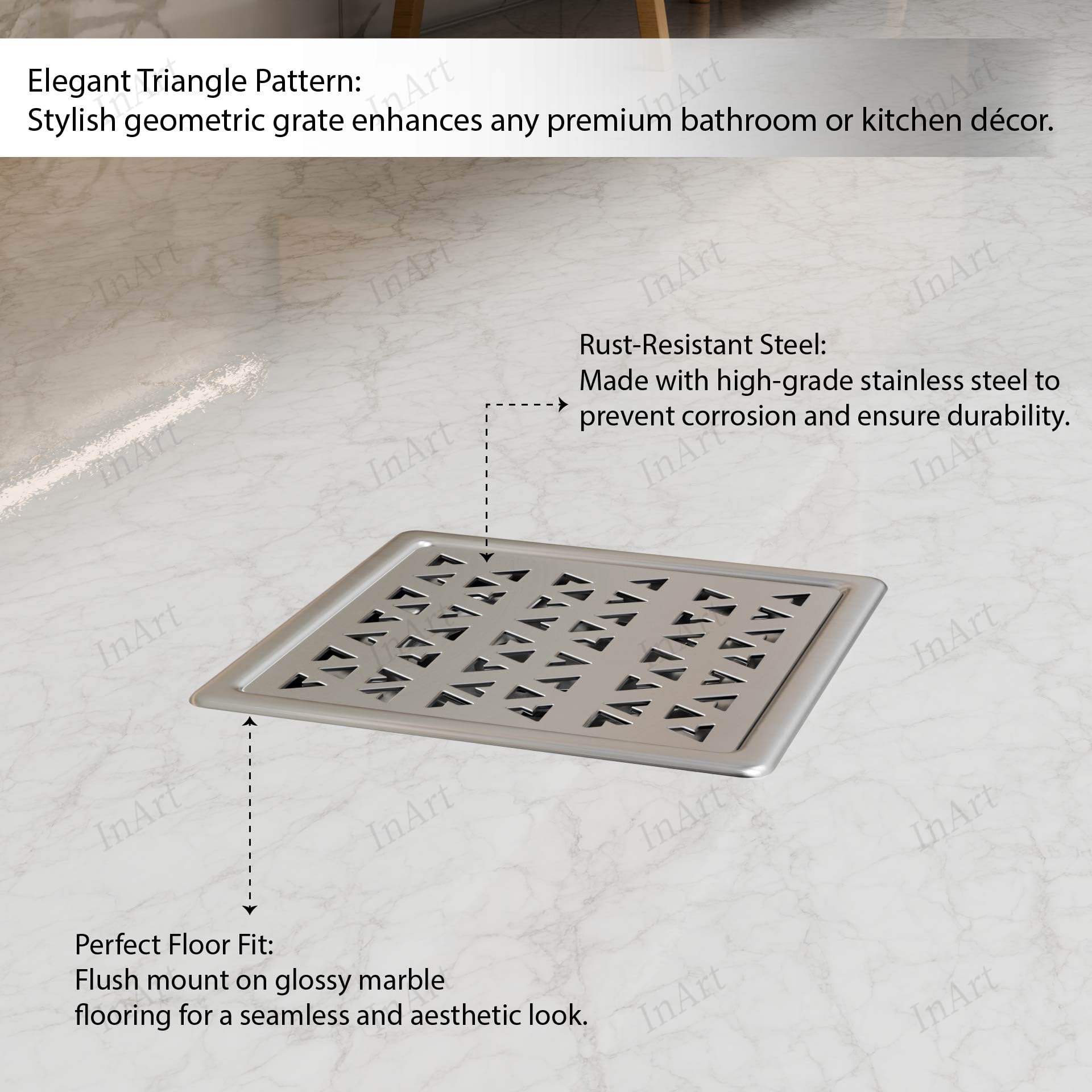 InArt stainless steel floor drain jali 5x5 inch square, silver brushed finish, durable bathroom drain cover