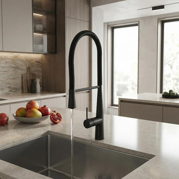 InArt steel tap for kitchen in matte black, high-arc gooseneck single lever sink mixer with 360° swivel spout