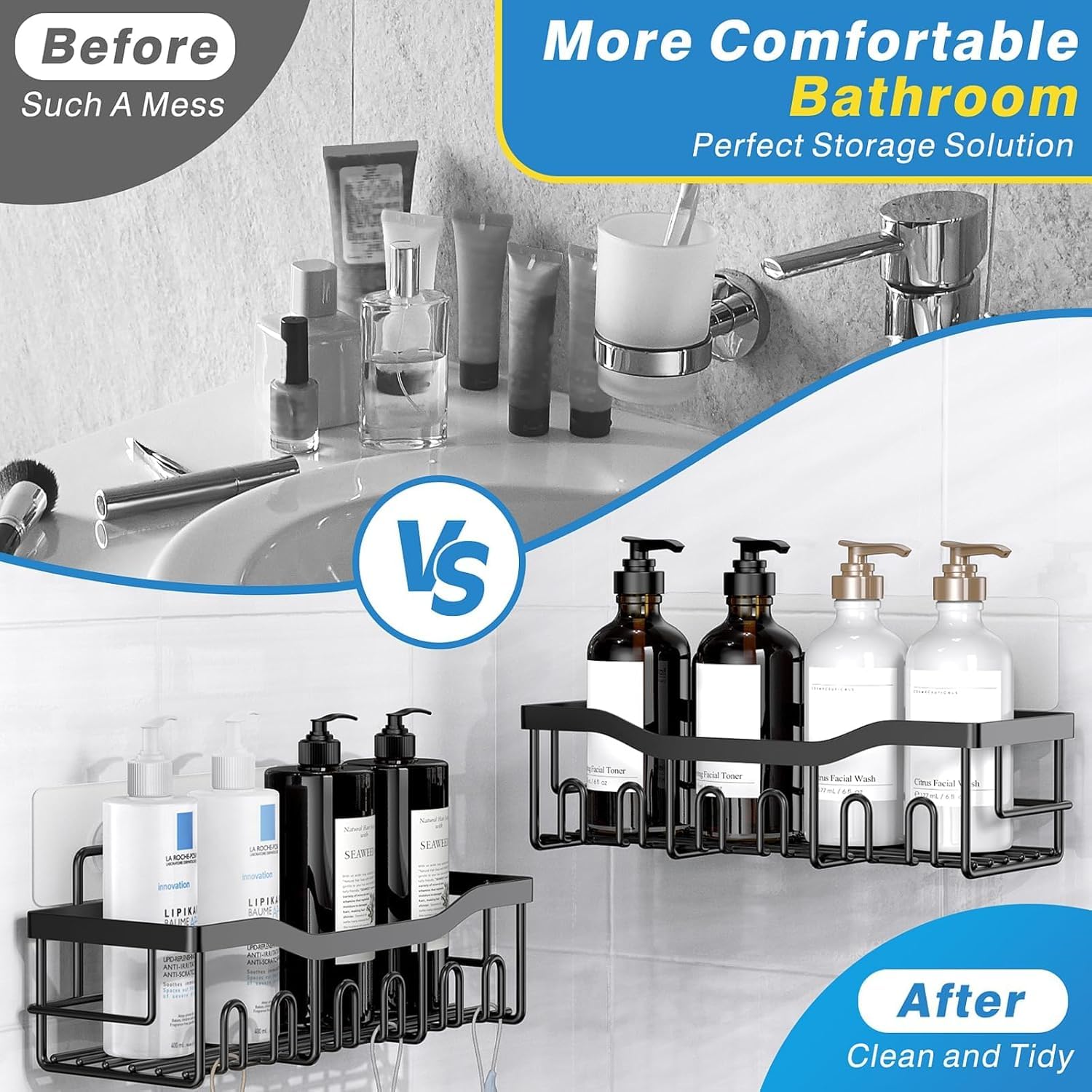 Black powder-coated wall mounted shower caddy with open-wire drainage design