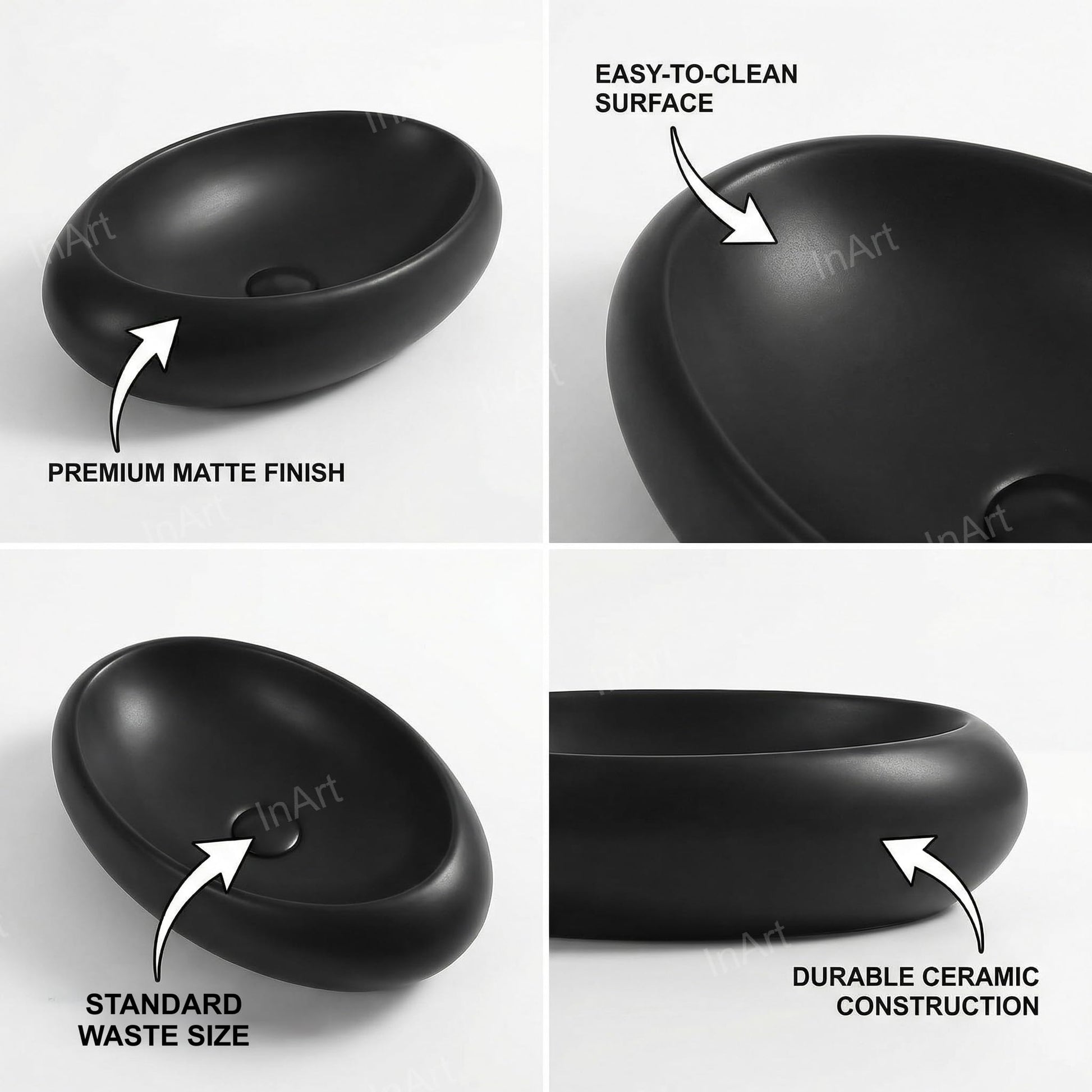 Modern bathroom ceramic table top wash basin design in matte black, rectangular counter top basin side angle