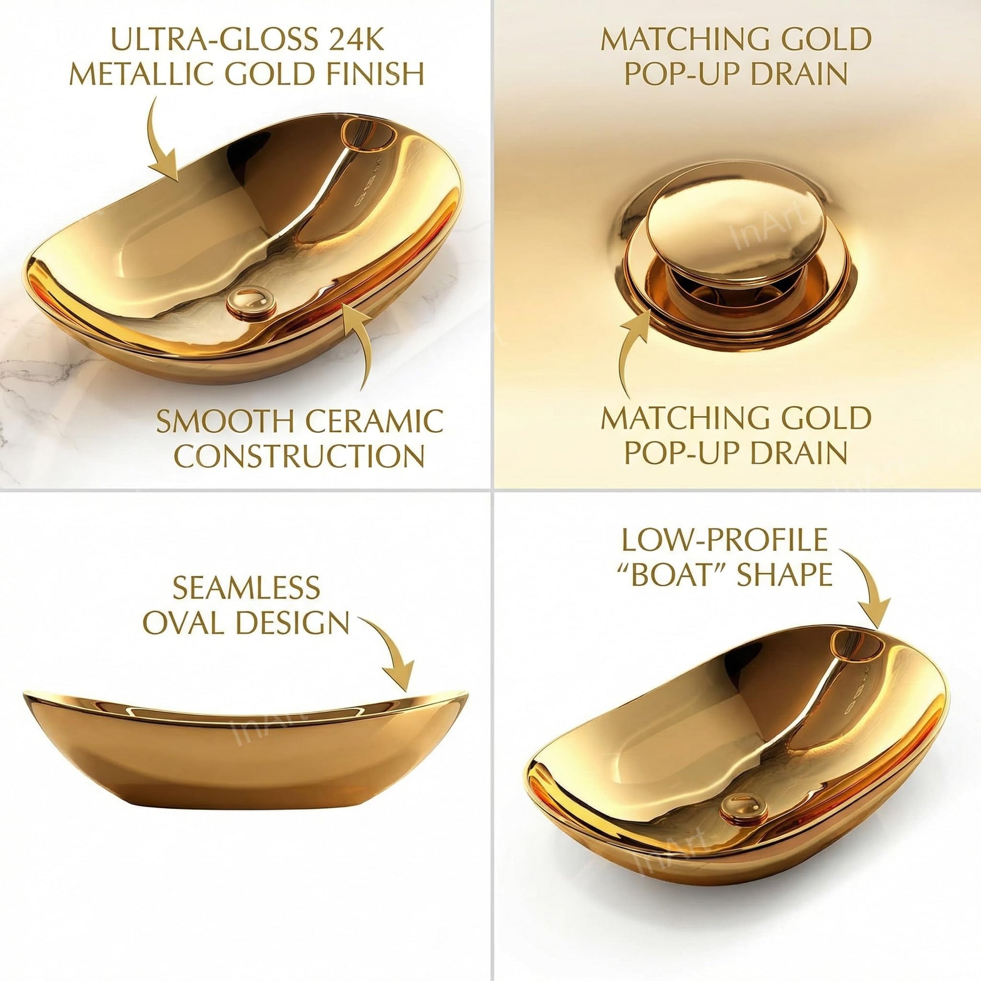Modern washbasindesign ceramic table top basin in gold, oval above counter wash basin, top view