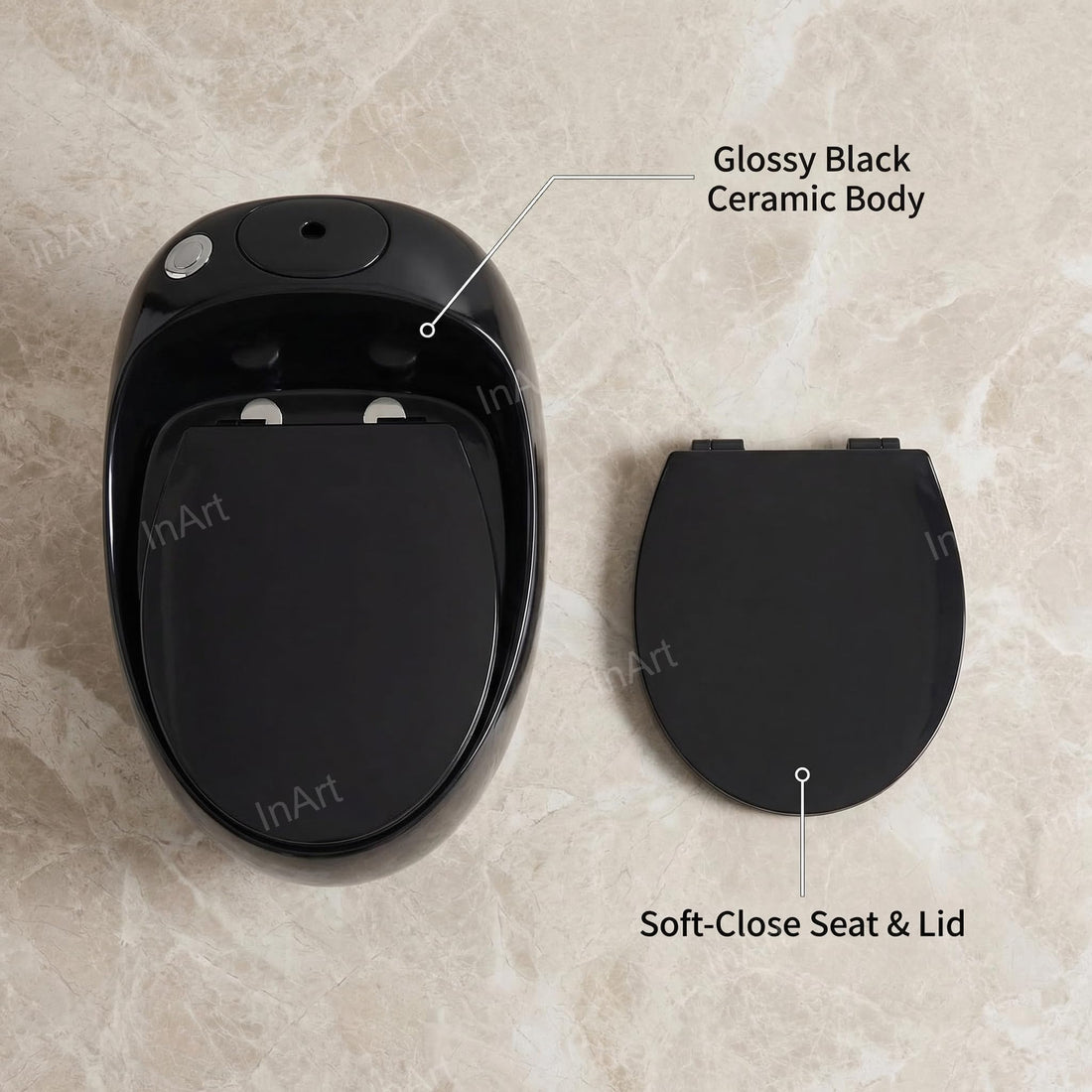 InArt black one piece commode in ceramic, oval rimless floor mounted toilet with glossy black finish