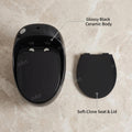 Ceramic floor mounted western toilet in glossy black, rimless one piece commode angled side view