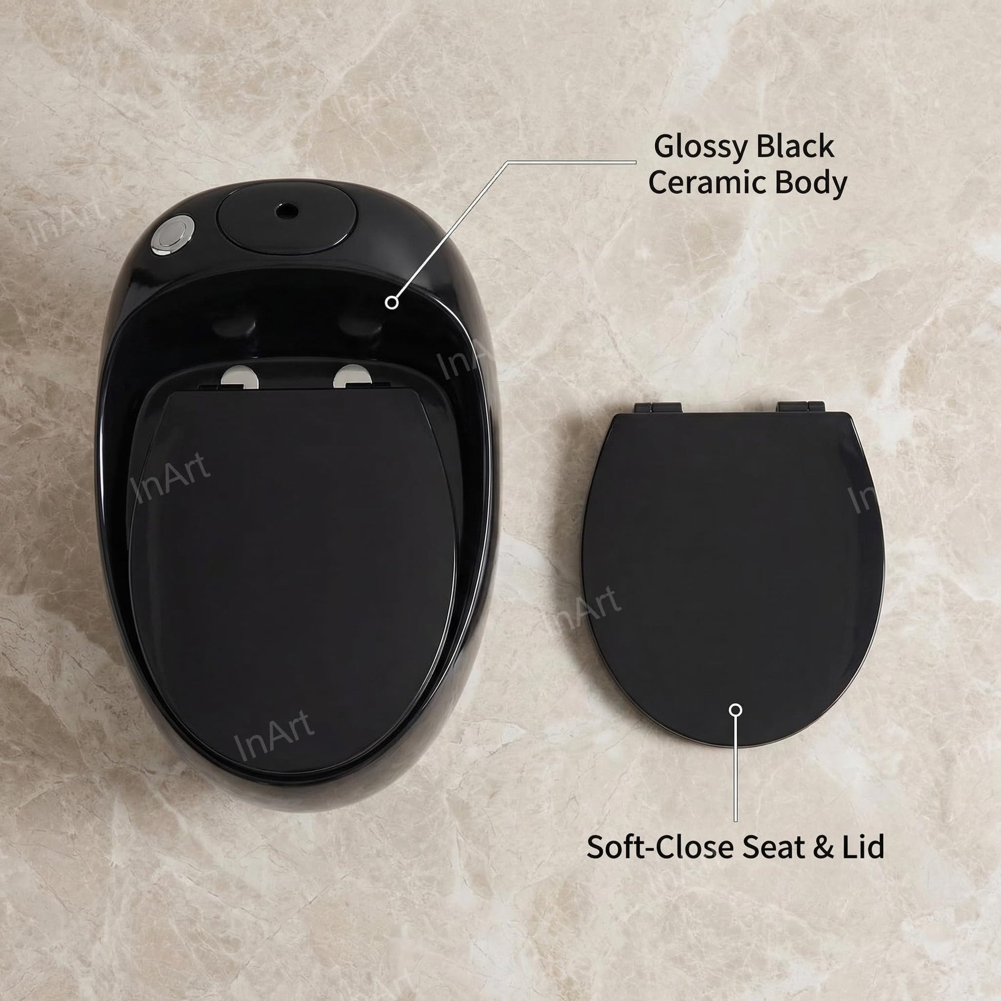 Ceramic floor mounted western toilet in glossy black, rimless one piece commode angled side view