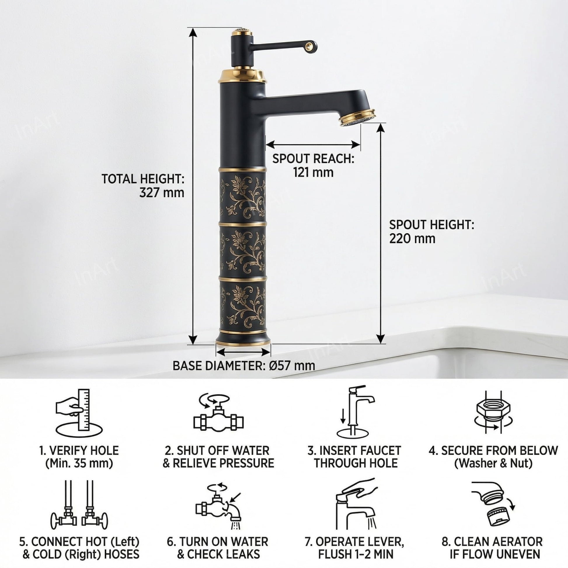 Gold basin tap in matte black and gold finish, tall body basin mixer for modern washroom basin setup
