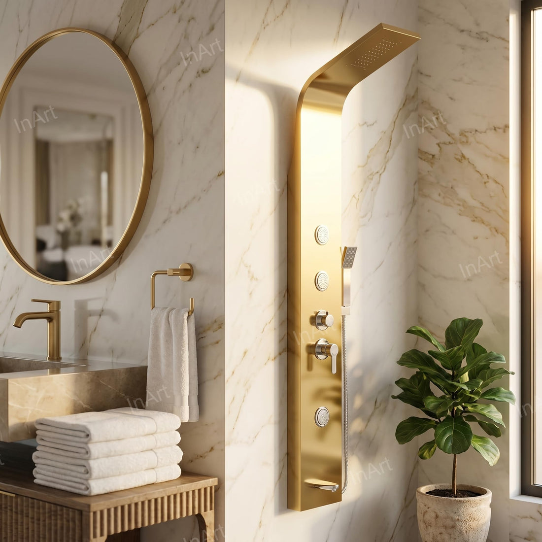 InArt shower panel set in brushed gold stainless steel, rectangular 4 in 1 shower system with rainfall head