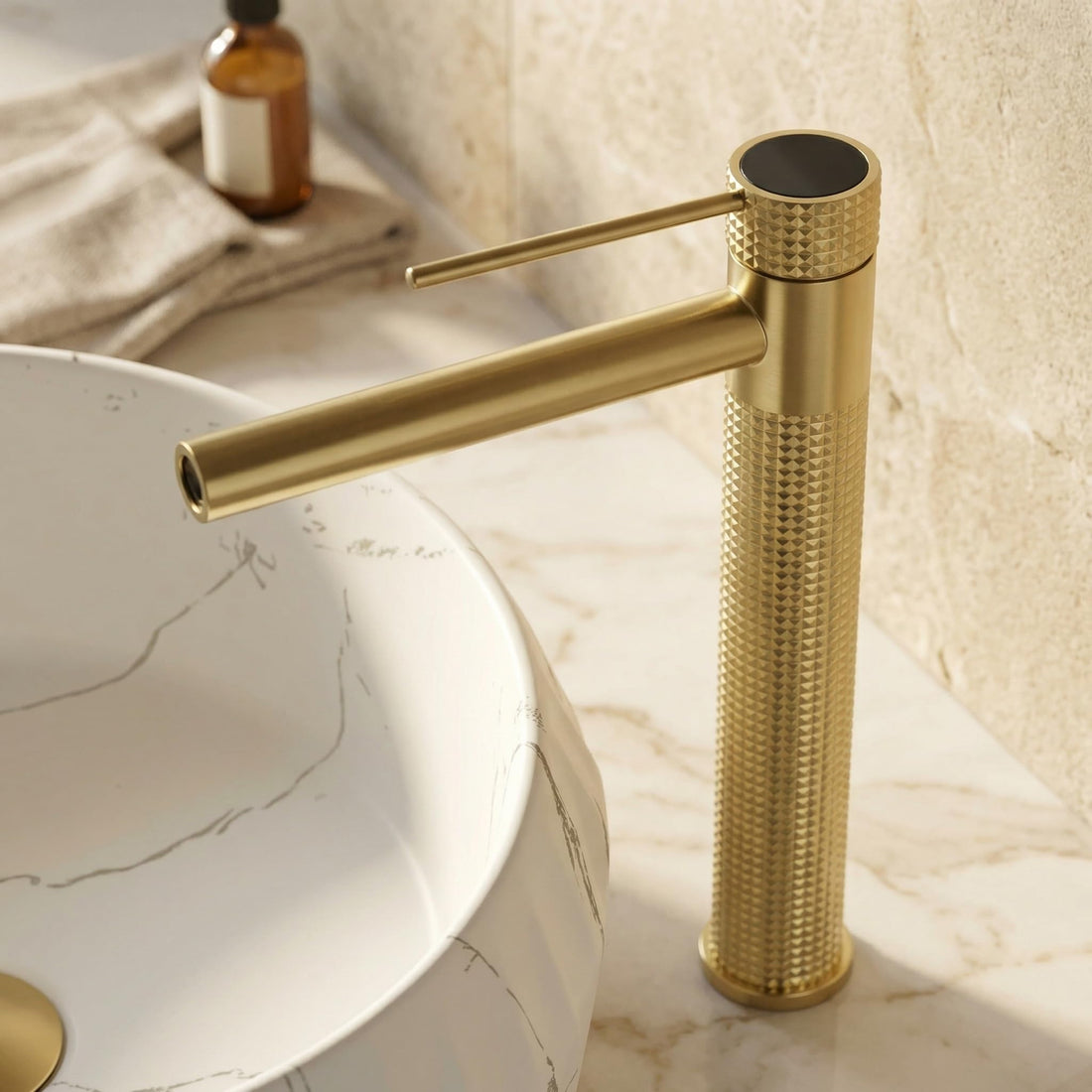 InArt single lever basin mixer tap in brushed gold brass with waterfall spout, deck mount main view