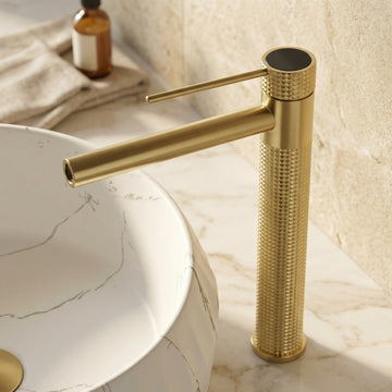 InArt single lever basin mixer tap in brushed gold brass with waterfall spout, deck mount main view