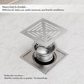 InArt 304 stainless steel floor drain jali installed in bathroom floor, brushed matte square 5x5 look