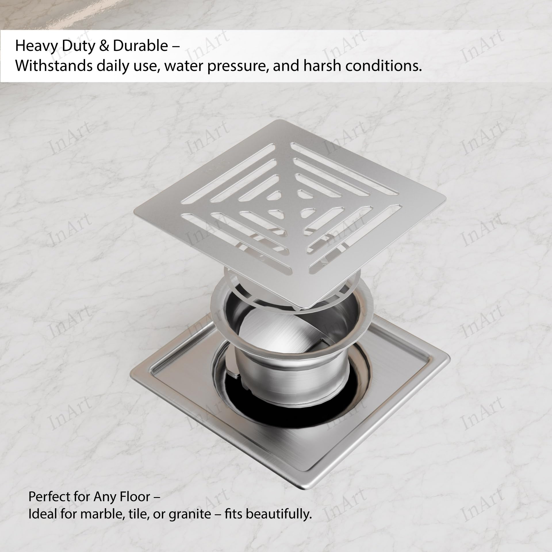 InArt 304 stainless steel floor drain jali installed in bathroom floor, brushed matte square 5x5 look