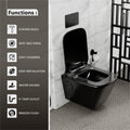Modern wall mounted commode in black glossy finish, oval rimless ceramic western toilet, 3/4 angle view