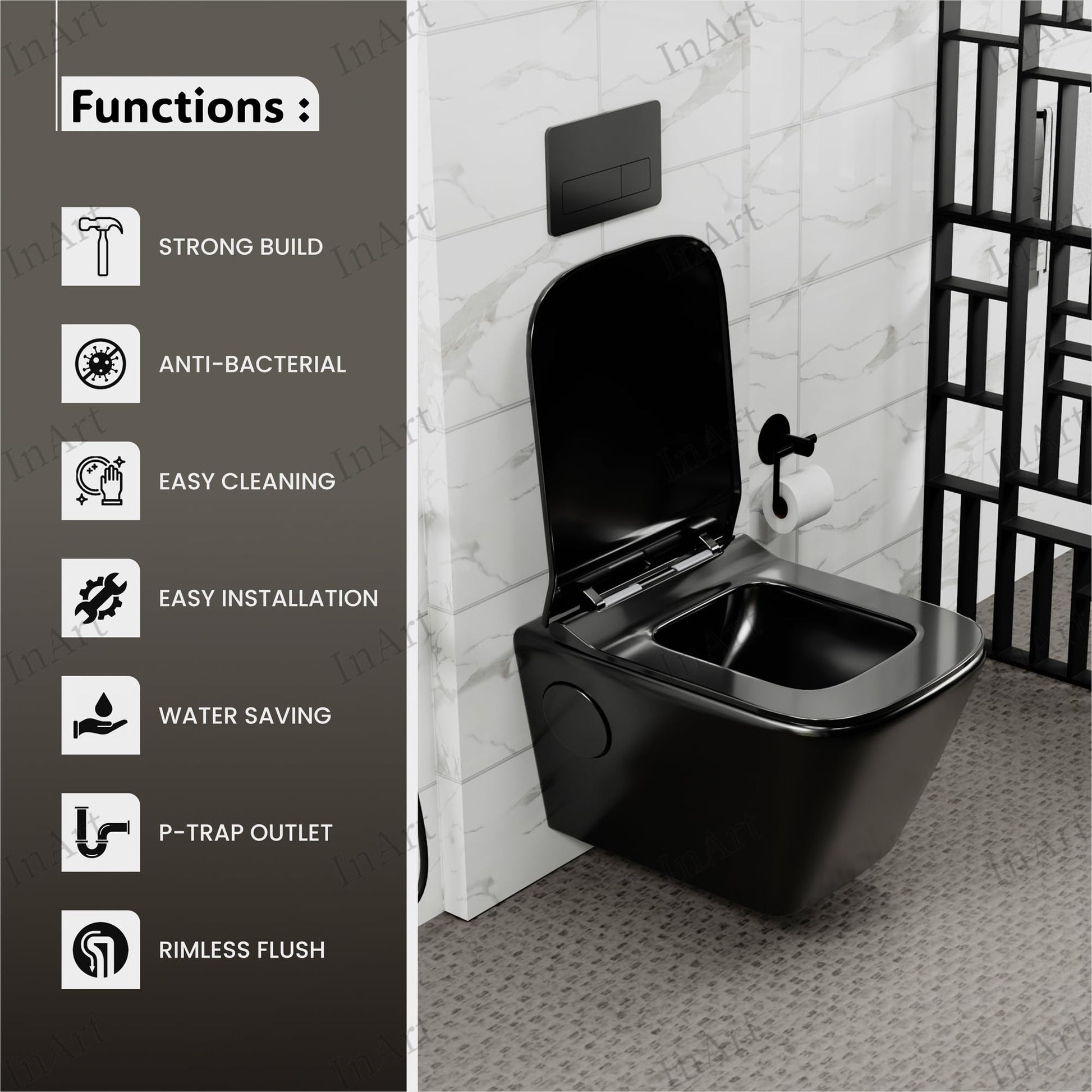Modern wall mounted commode in black glossy finish, oval rimless ceramic western toilet, 3/4 angle view