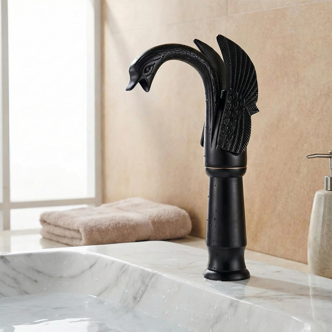 InArt hot and cold water mixer for wash basin, matte black brass swan neck basin pillar tap 12 inch