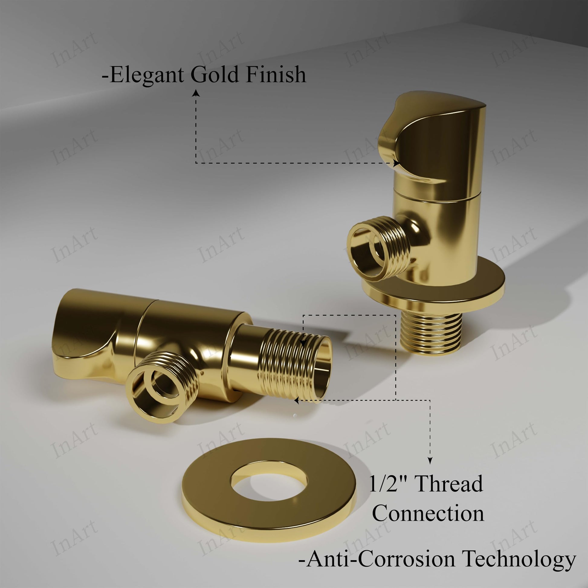 Leakproof angle valve for tap and geyser connection, glossy gold brass 1-way stop cock with wall flange