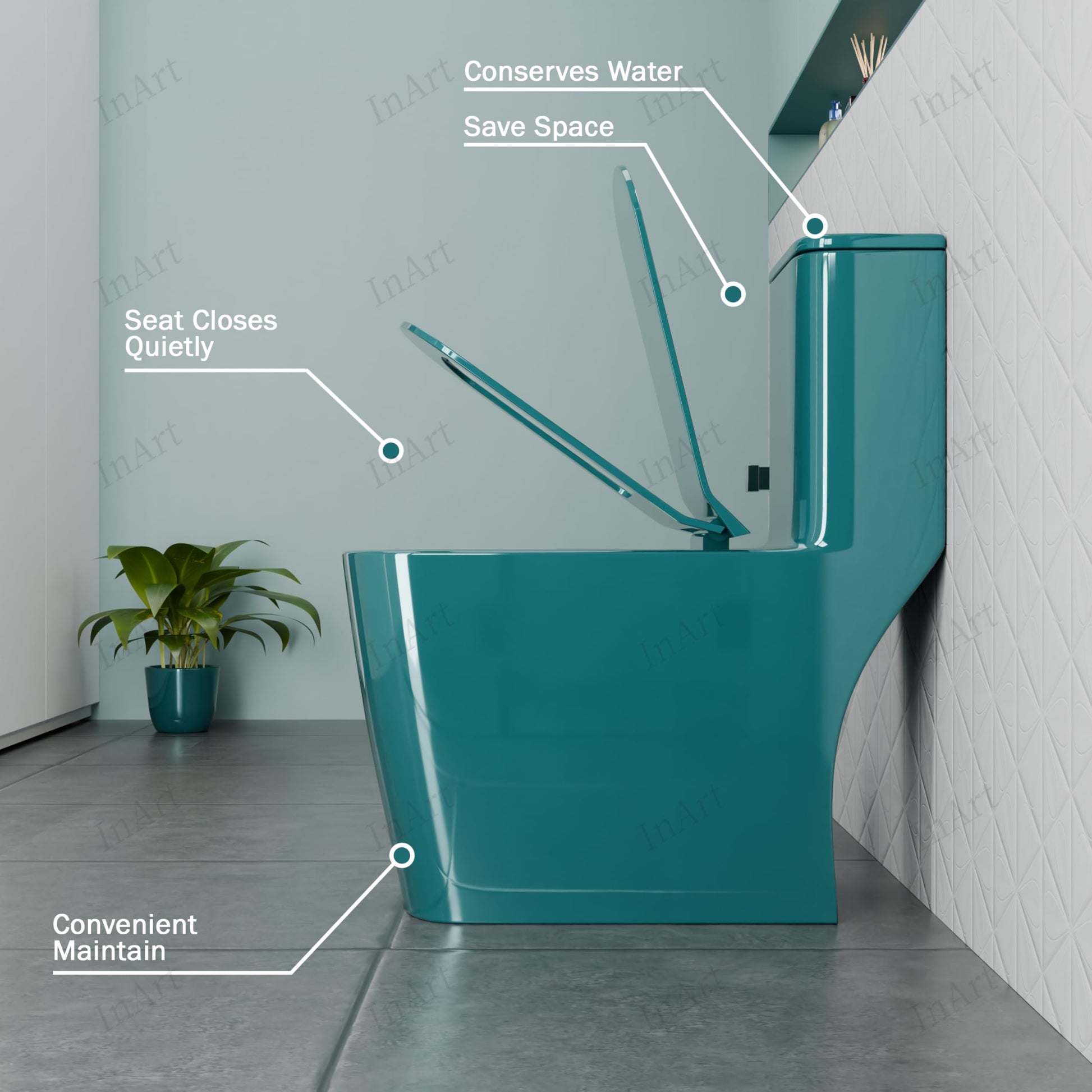 S trap one piece toilet 9 inch rough-in, InArt green ceramic western toilet single piece, outlet detail