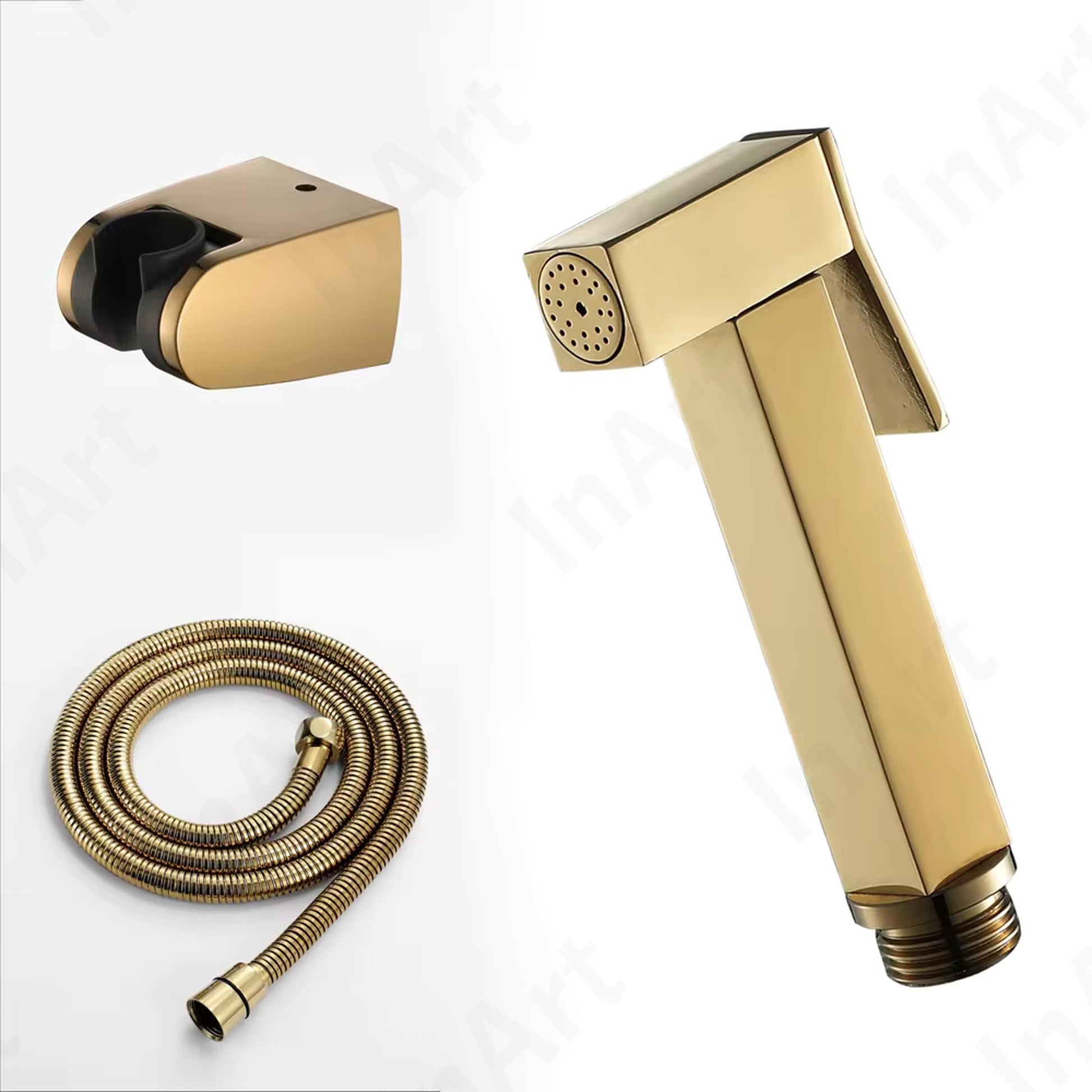InArt health faucet with hose and holder in gold finish, angled view of brass jet spray set