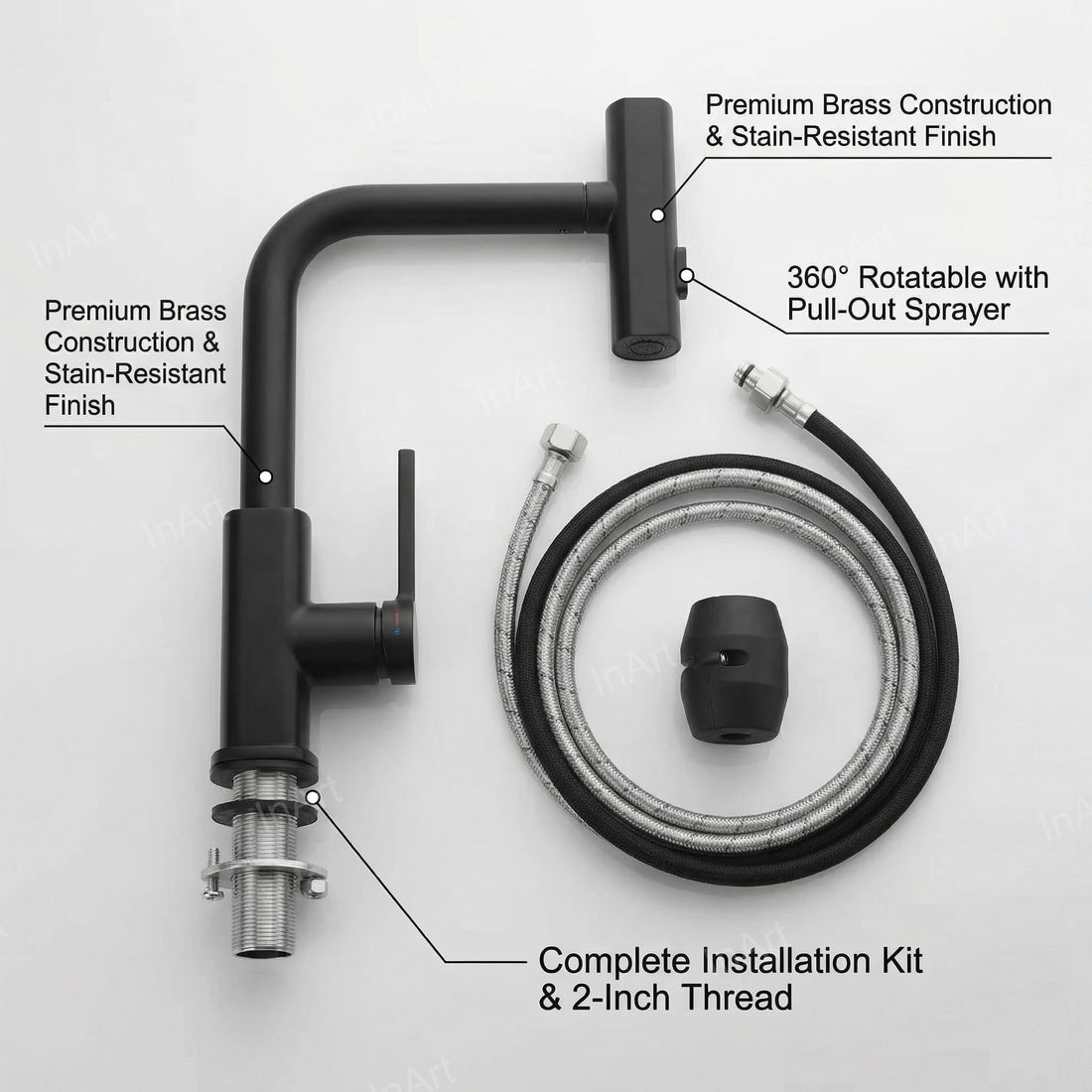 InArt kitchen faucet with sprayer, 360° rotatable brass gooseneck tap in matte black for kitchen sink