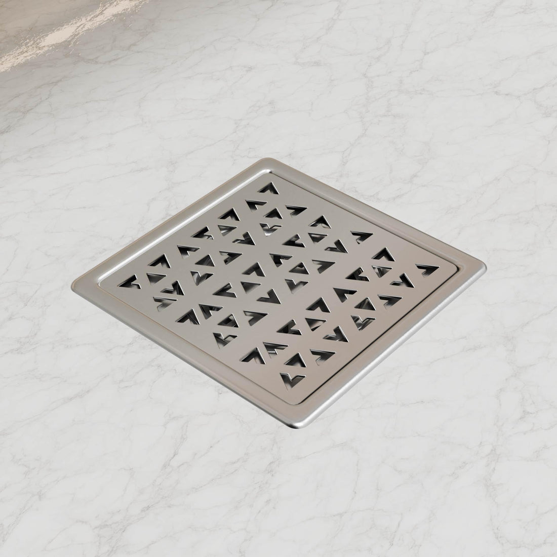 InArt square floor drain jali in 304 stainless steel, 5x5 inch silver finish, main front view