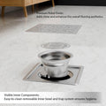Premium sanitaryware square floor drain jali in 304 stainless steel, silver matte finish, easy-clean design