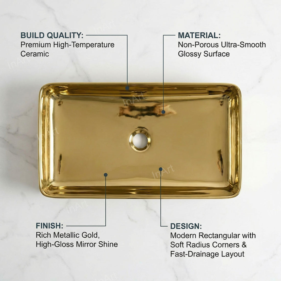 InArt ceramic table top wash basin design, rectangular gold counter top bathroom sink front view