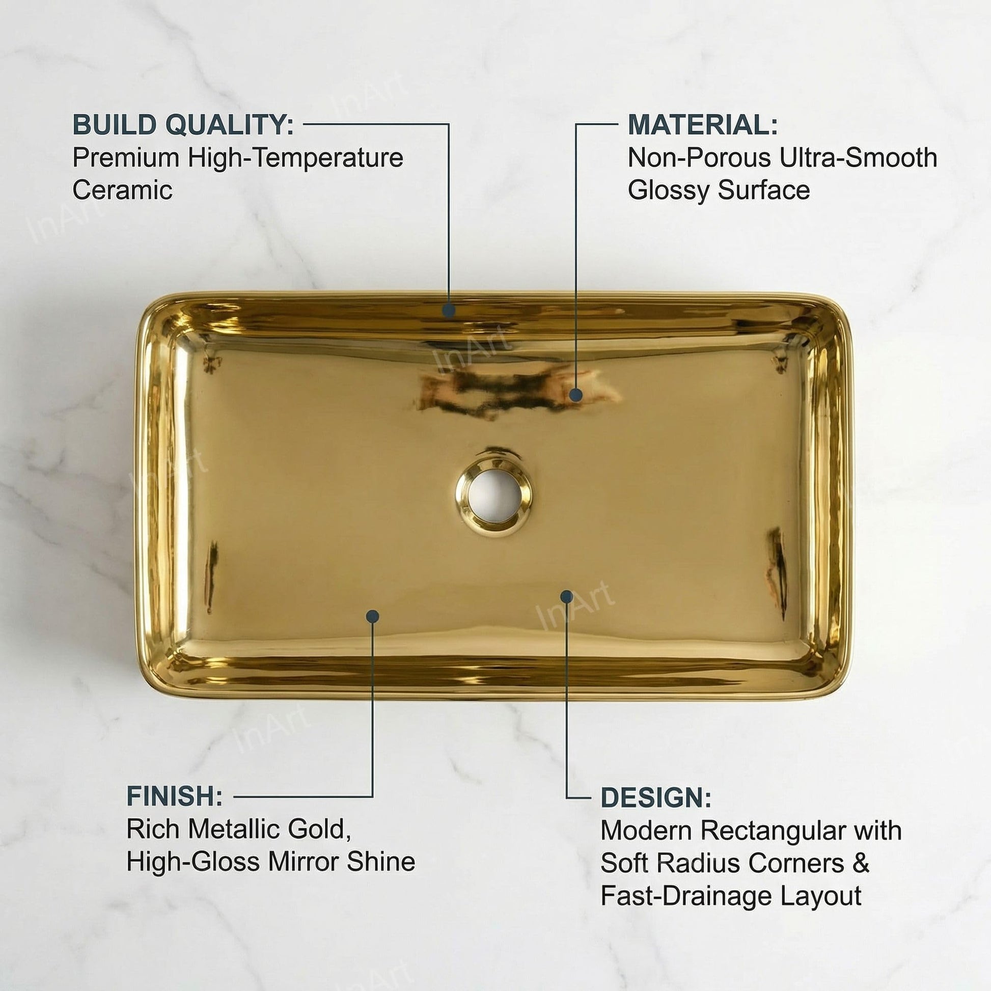 Designer table top wash basin in gold ceramic, rectangular vanity basin angled side view