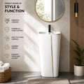InArt designer pedestal wash basin design, glossy white gold ceramic round basin, three-quarter angle view