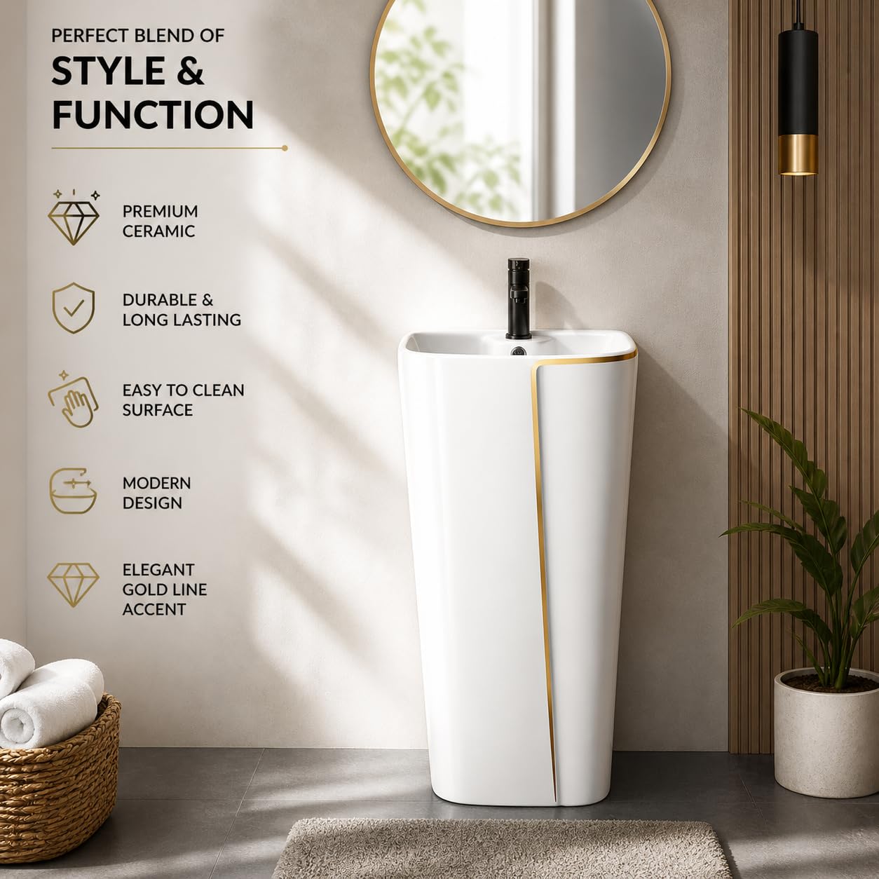 InArt designer pedestal wash basin design, glossy white gold ceramic round basin, three-quarter angle view
