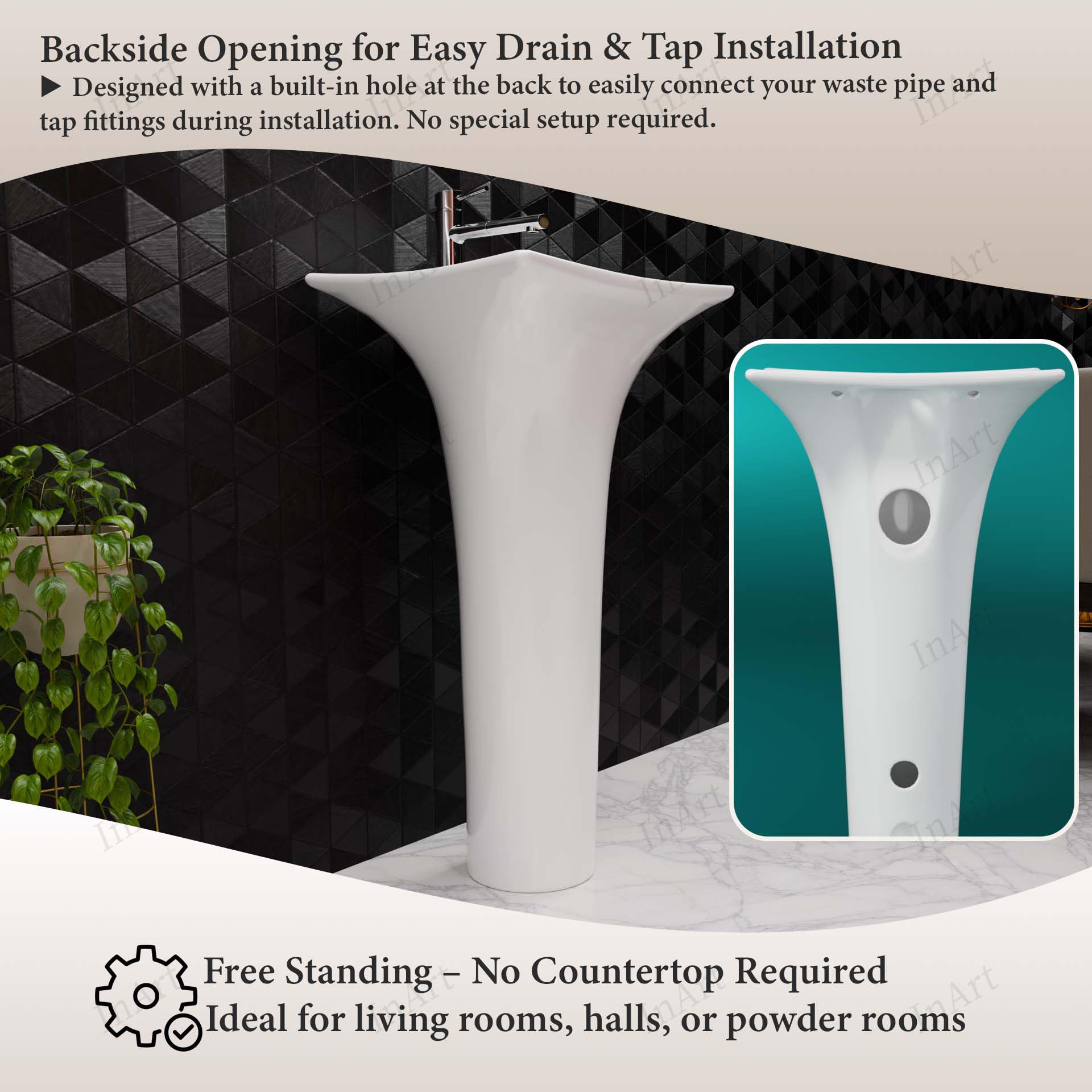 Free standing pedestal wash basin for bathroom and hall, modern rectangular ceramic sanitaryware in white
