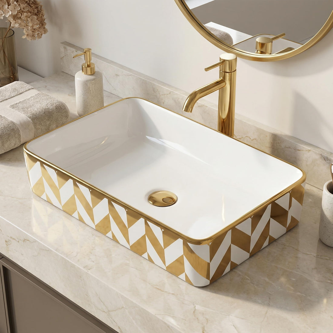 Rectangular ceramic table top wash basin in white and gold electroplated finish