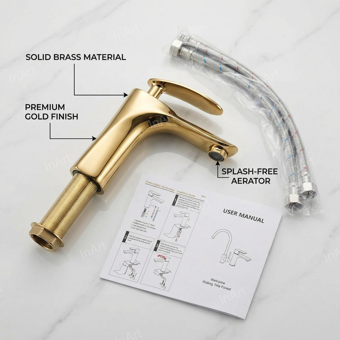 InArt washing basin tap in gold finish brass, single lever basin mixer tap for bathroom
