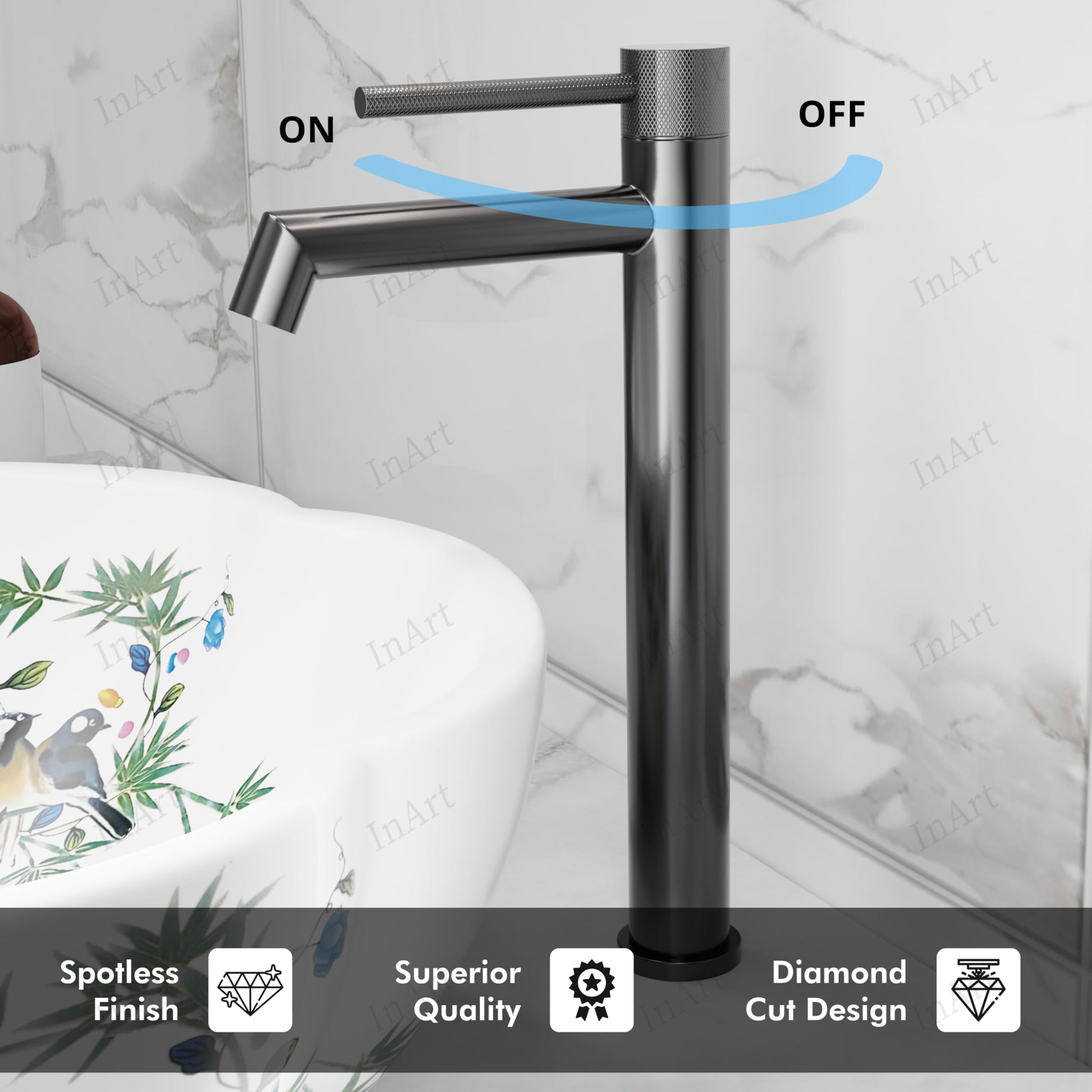 Table top wash basin tap high neck in gun grey, top view highlighting single lever control and tall neck design