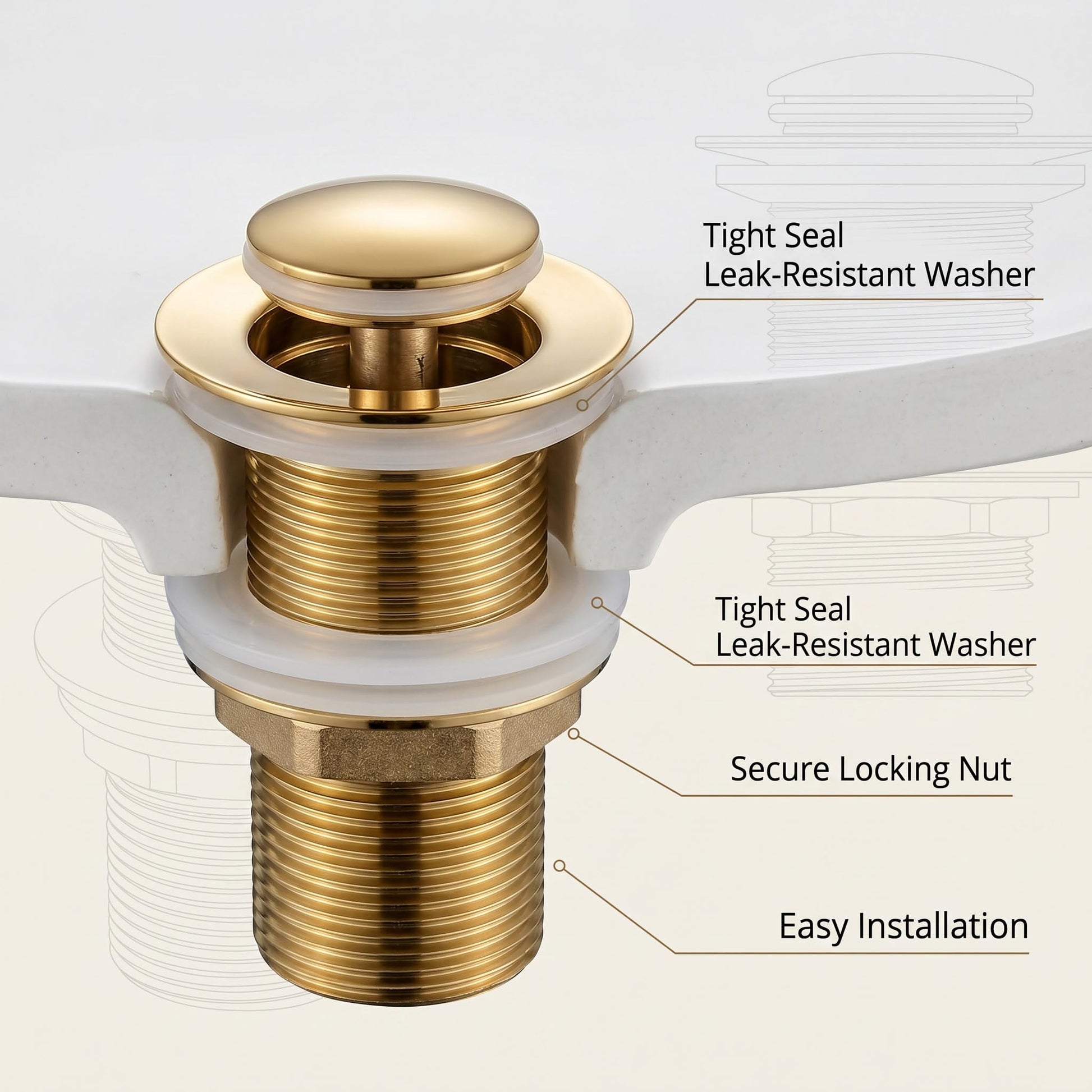 Push type pop up drain outlet fitting for bathroom wash basin close-up