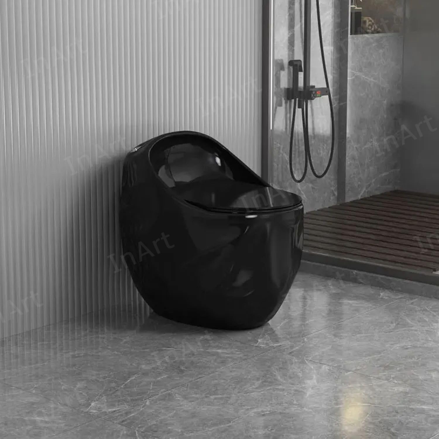 InArt designer black toilet commode, rear angle showing S-trap floor mounted ceramic water closet in glossy finish