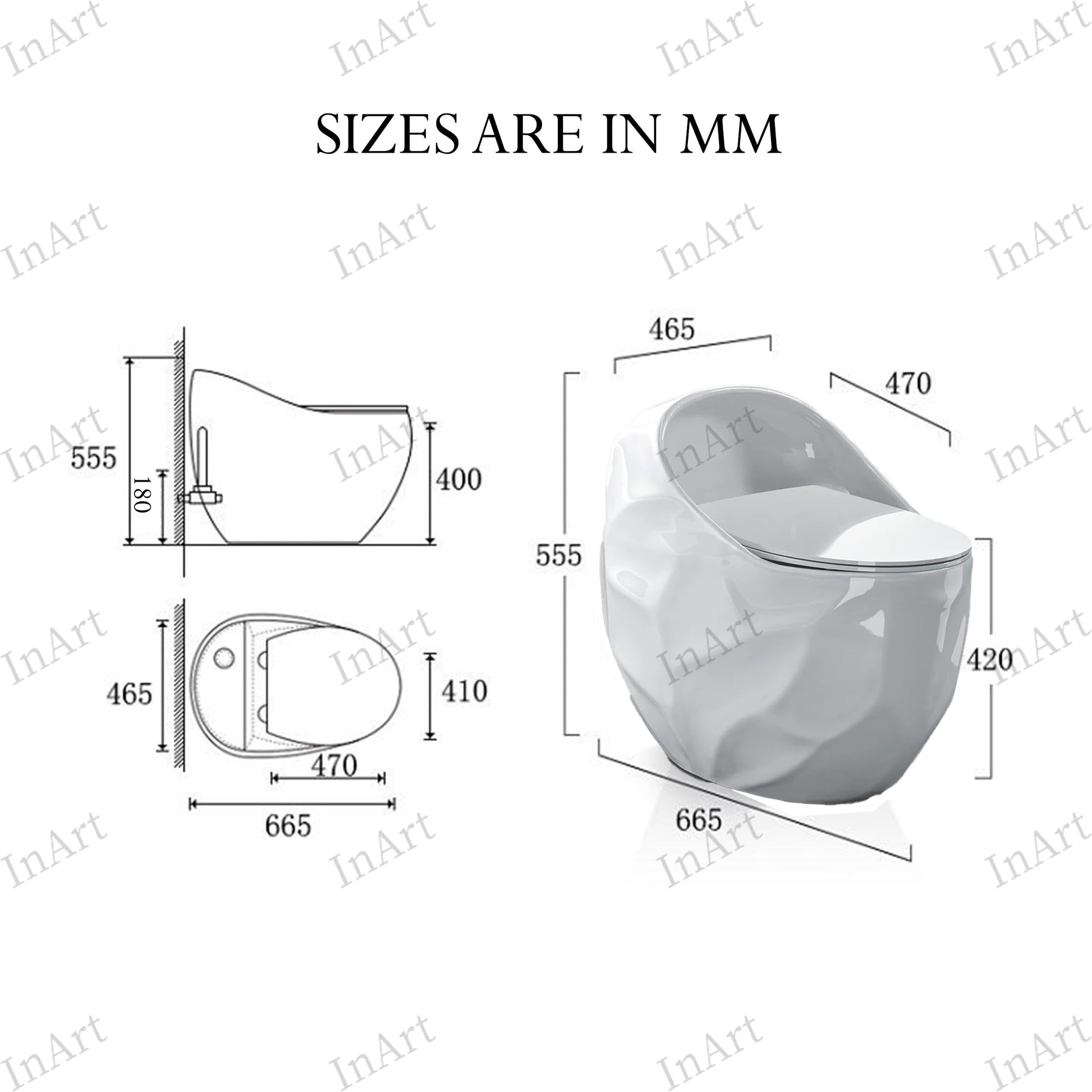 InArt one piece commode, floor mounted, white finish, 1 piece toilet seat