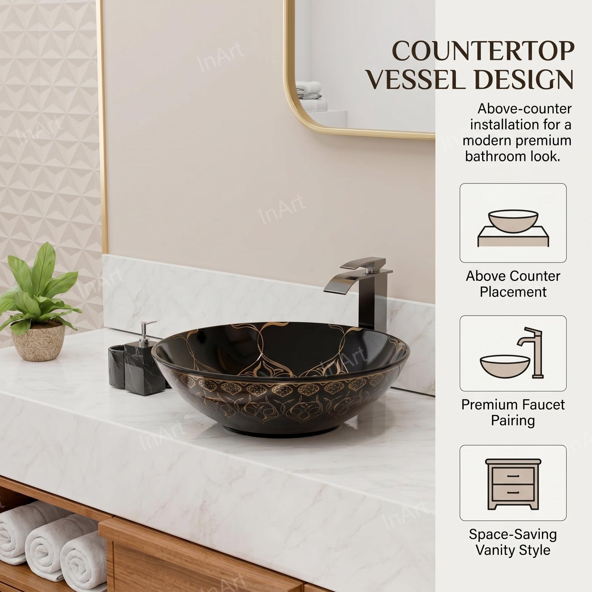 Round top counter wash basin on vanity, stylish bathroom interior idea with tap and mirror