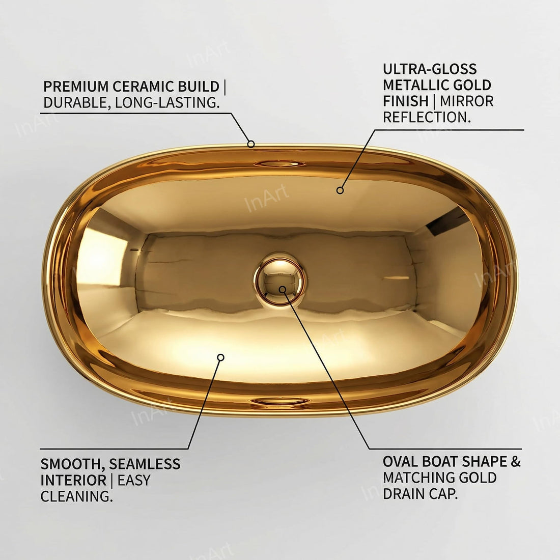 InArt ceramic table top wash basin, oval boat shape, gold finish, above counter bathroom basin