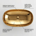 InArt designer gold wash basin in ceramic, oval tabletop washbasin, side angle view for bathroom