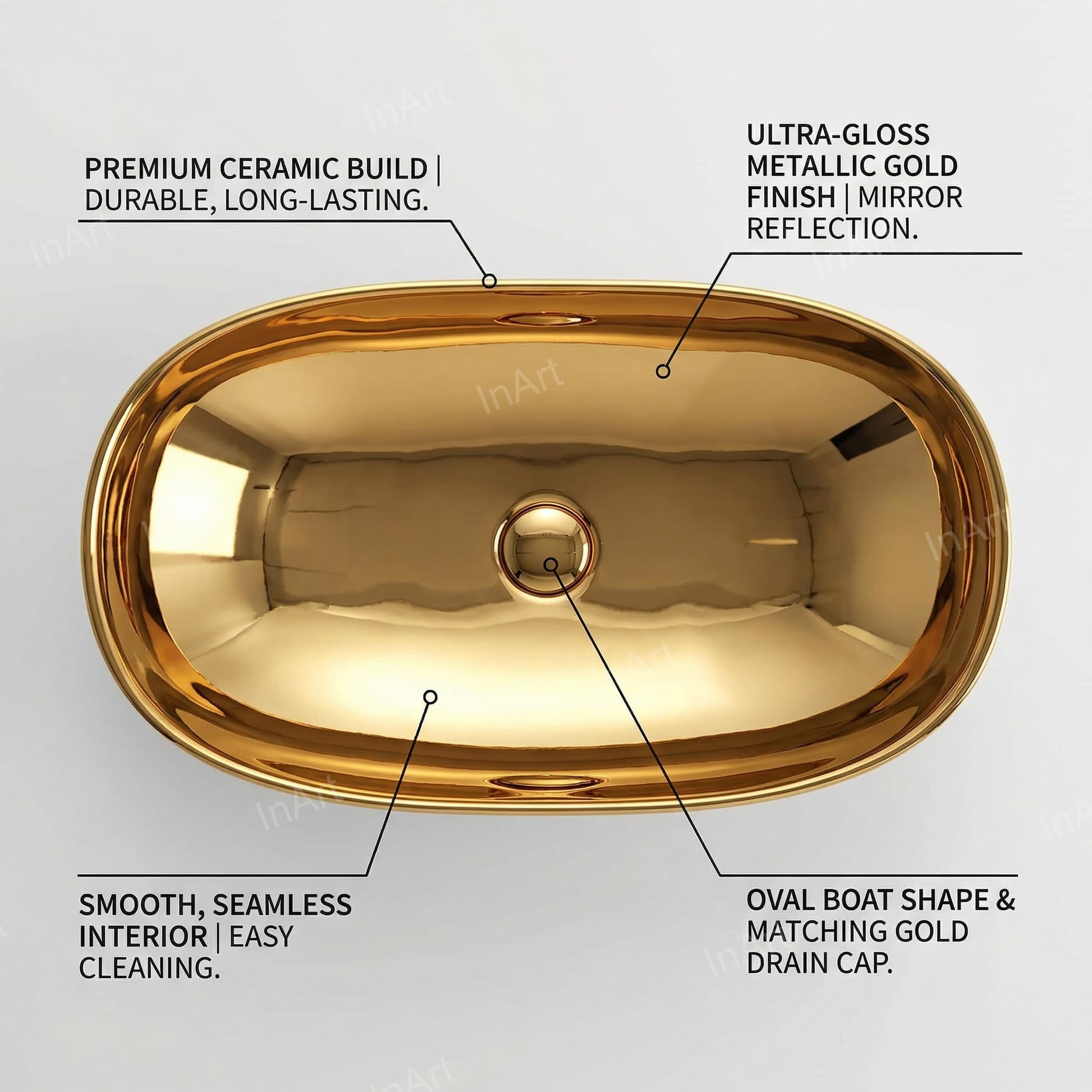InArt designer gold wash basin in ceramic, oval tabletop washbasin, side angle view for bathroom
