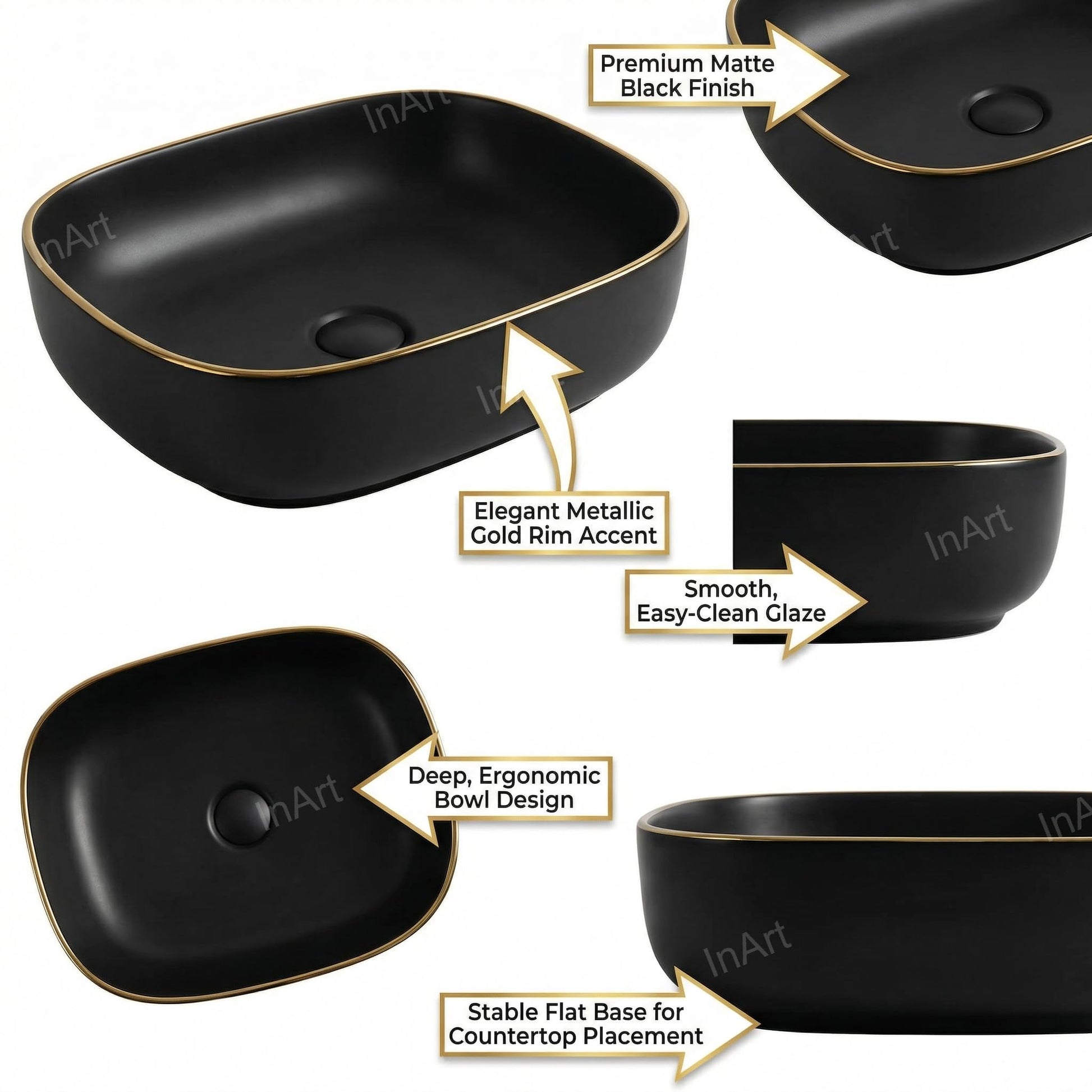 Modern table wash basin designs, matte black rectangular ceramic table top basin, side angle