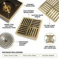 InArt bronze finish floor drain strainer, side angle showing anti-foul cockroach trap for 4 inch pipe