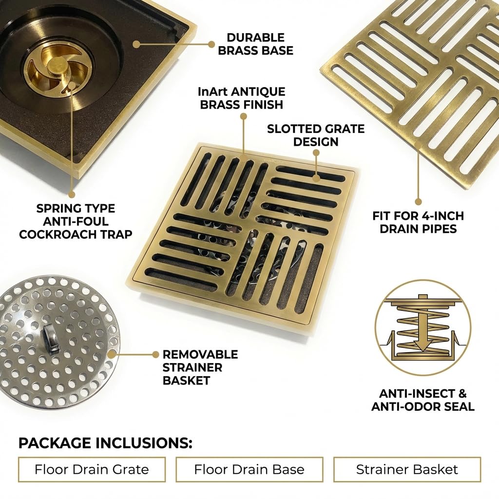 InArt bronze finish floor drain strainer, side angle showing anti-foul cockroach trap for 4 inch pipe