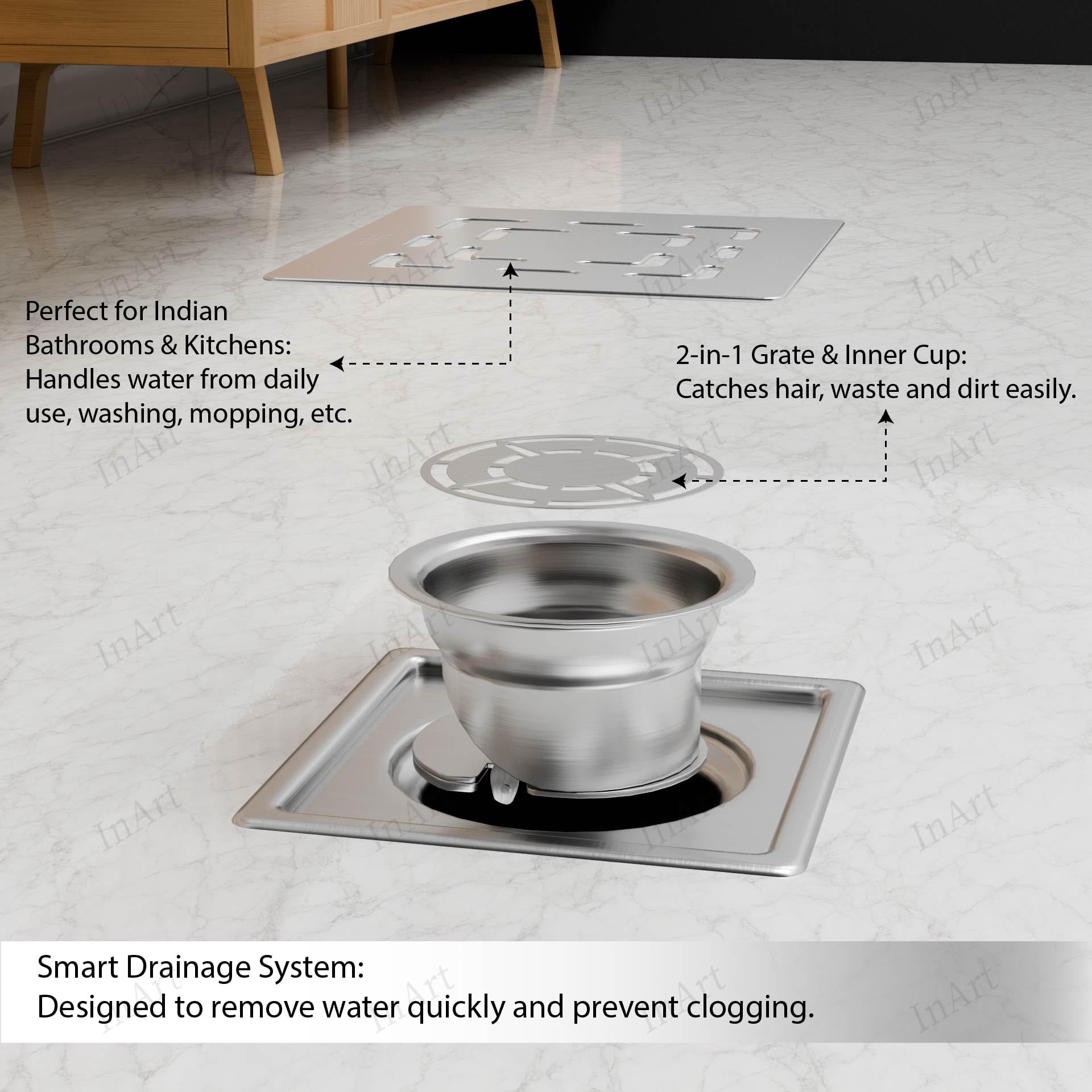 Designer square floor drain jali, 5x5 inch stainless steel bathroom drainer, angled view in silver