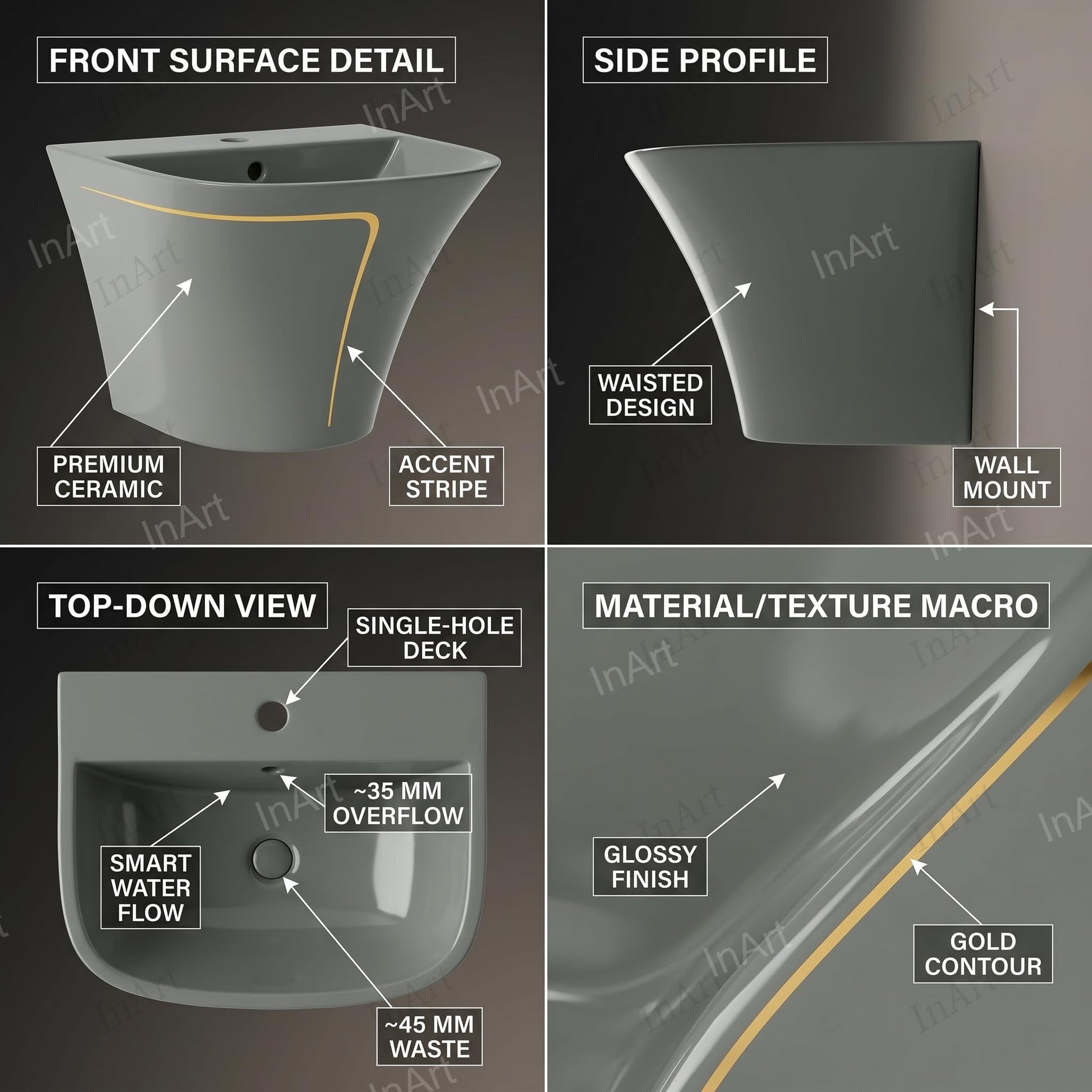 Designer wall mounted bathroom sink basin in grey glossy finish, slim rim rectangular wash basin, side angle