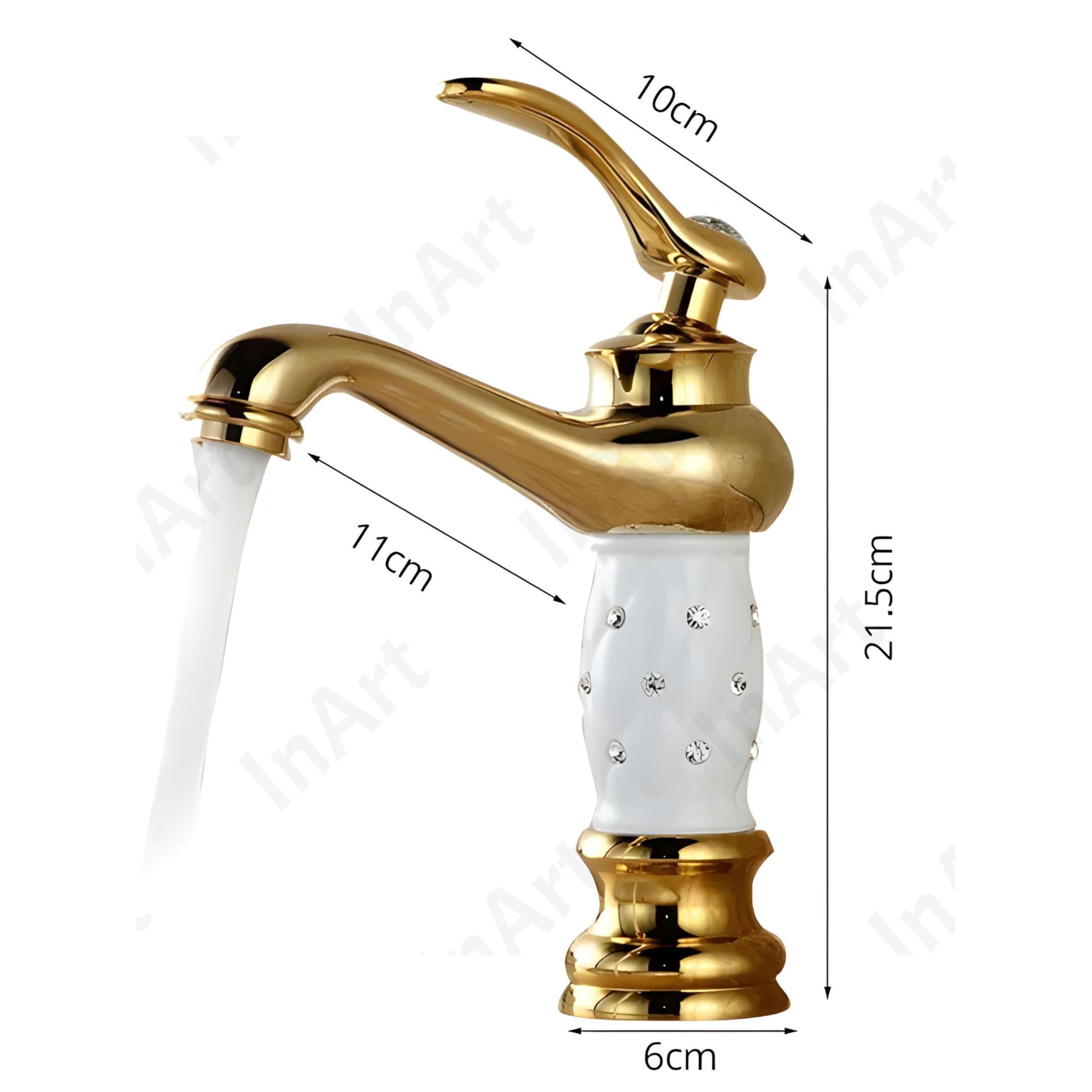 InArt gold white waterfall washbasin tap design, single lever basin mixer, angled view for modern bathroom