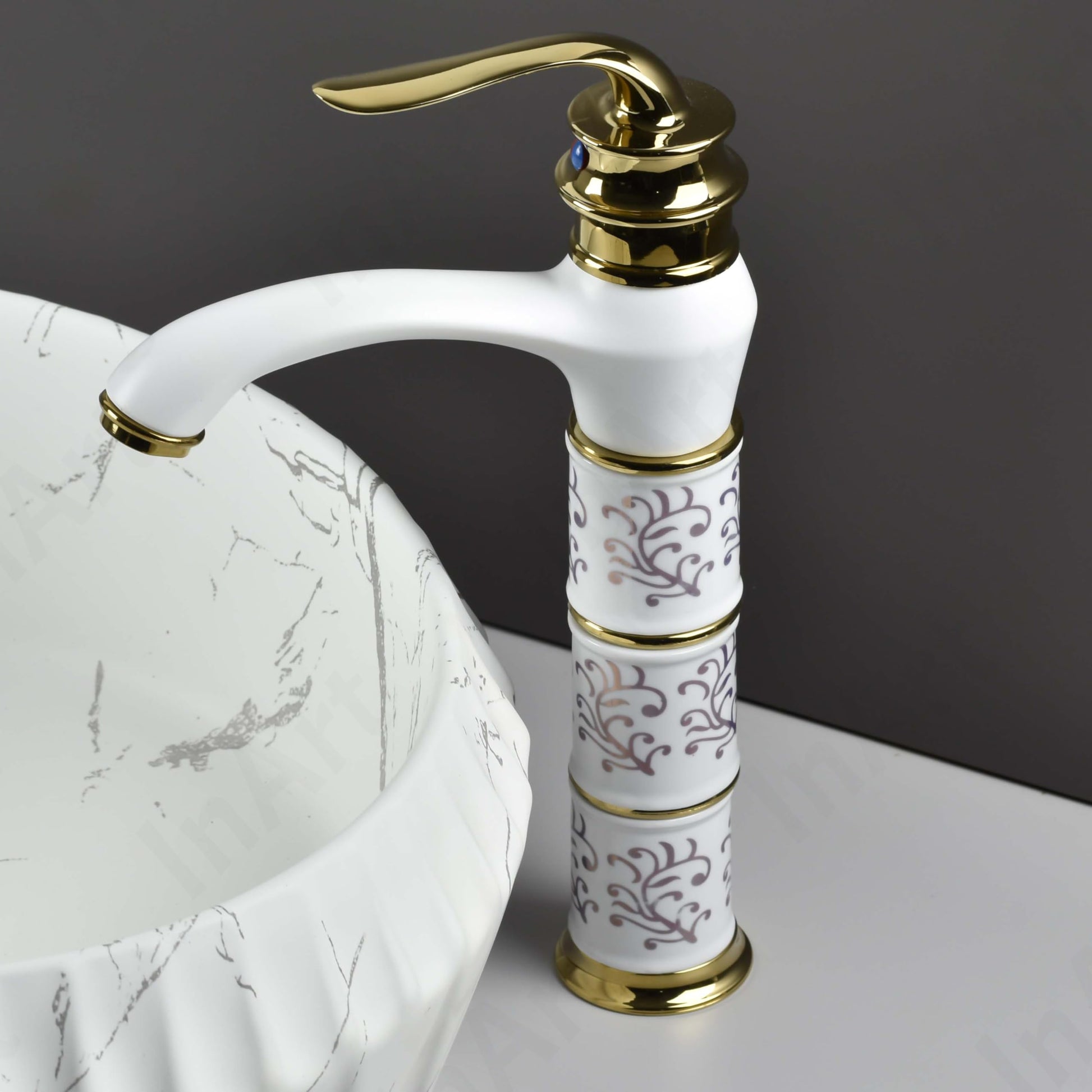 Top view of high neck tap style single lever basin mixer for wash basin, antique white gold zinc alloy body