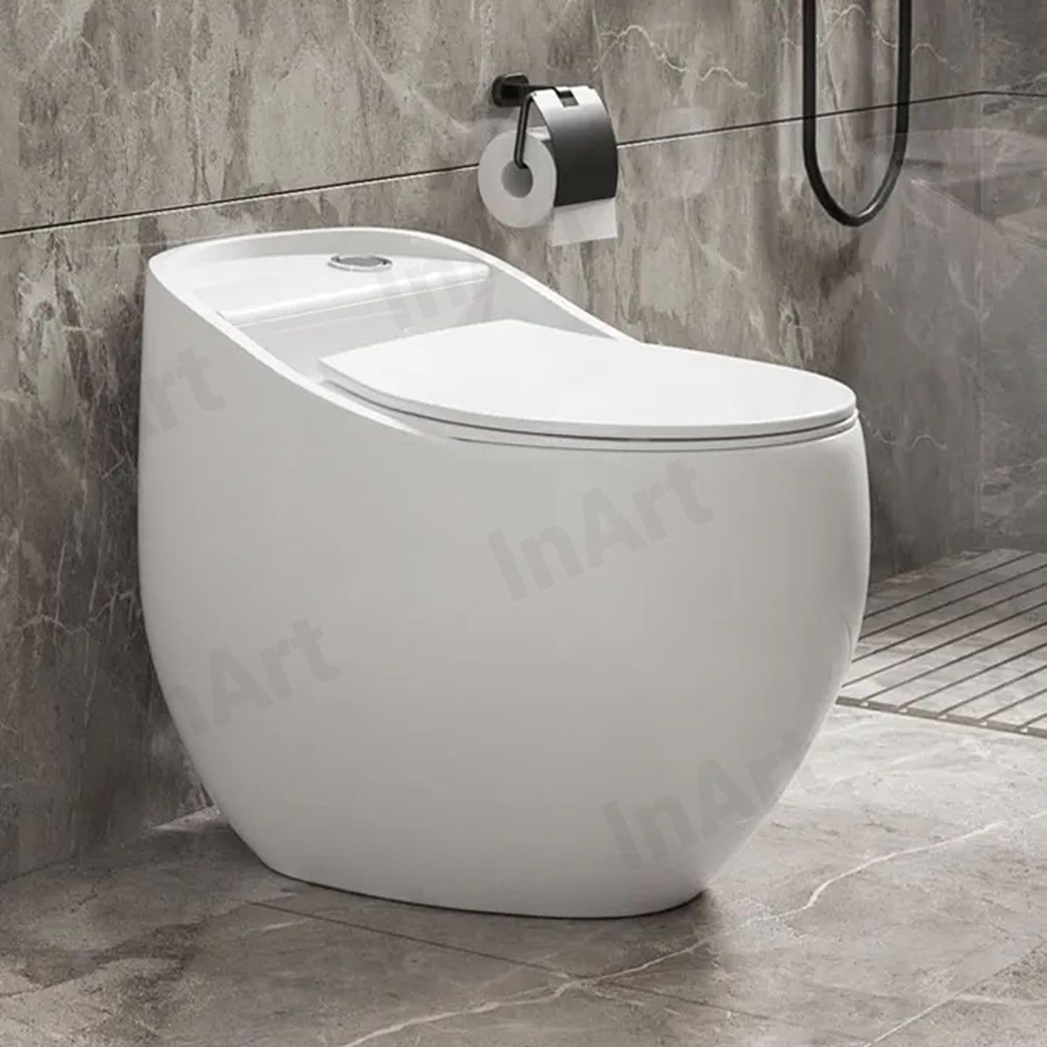 Round dual flush toilet by InArt, glossy white ceramic one piece western toilet with elongated oval bowl