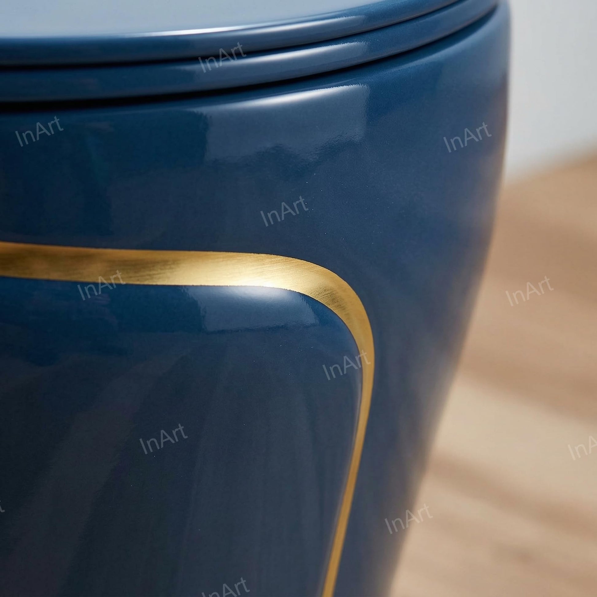 InArt premium sanitaryware blue one piece water closet, smooth glazed ceramic finish close-up detail