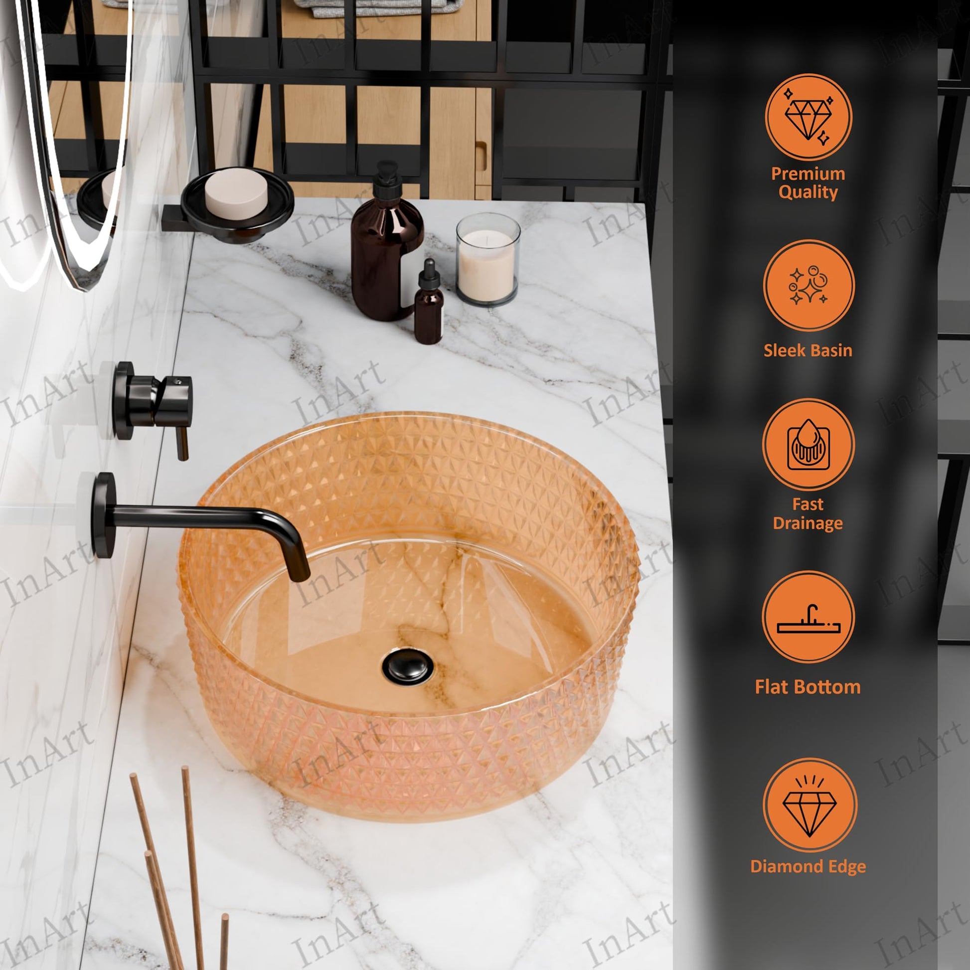 Round glass table top basin with glossy amber finish