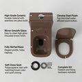 InArt one piece western toilet commode in brown ceramic, 3/4 angle view with soft close seat