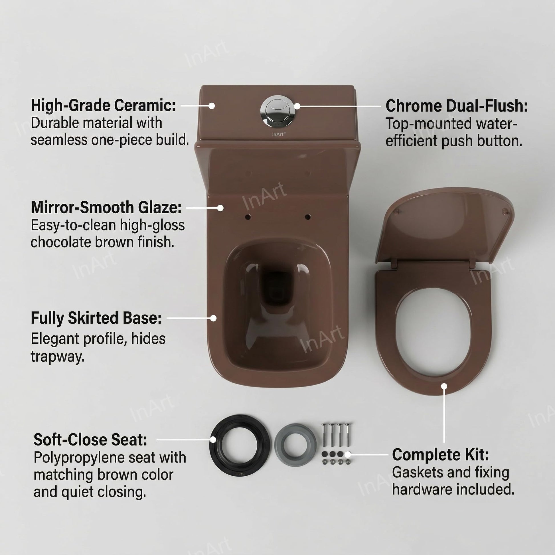 InArt one piece western toilet commode in brown ceramic, 3/4 angle view with soft close seat